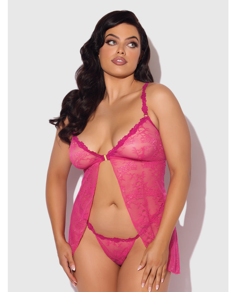 Cargue la imagen en el visor de la galería, Conjunto de dos piezas babydoll de encaje rosa Yvone con copa abatible, talla curva
