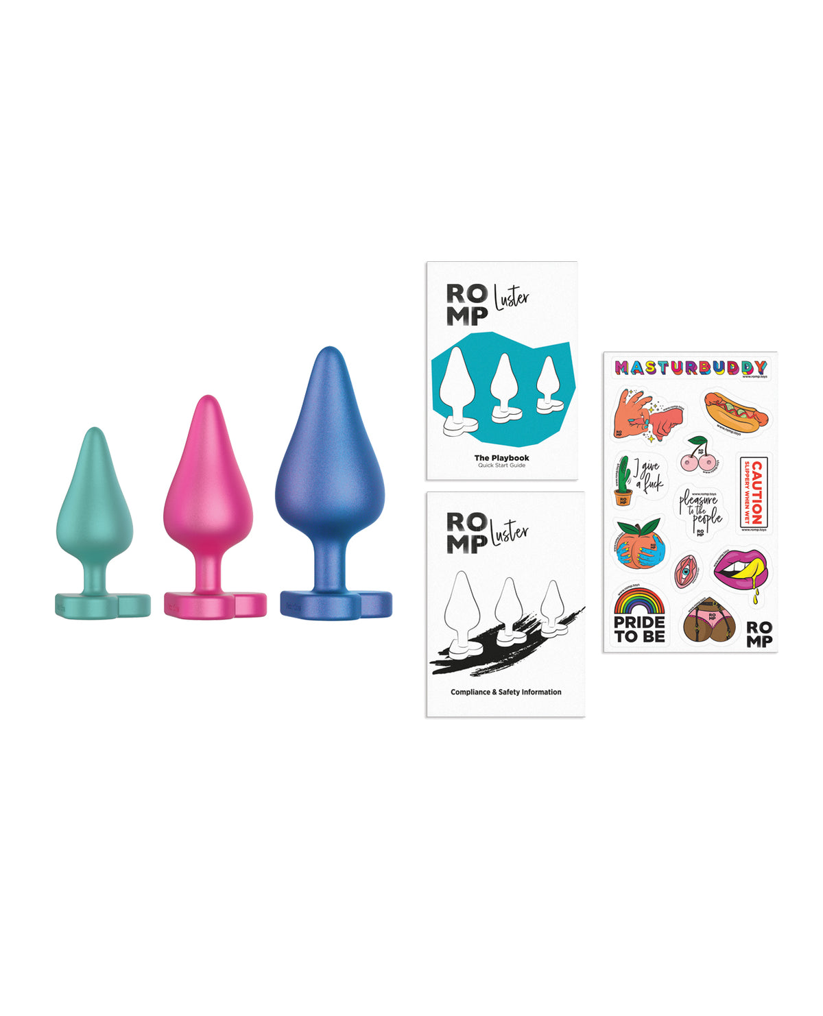 ROMP Luster Butt Plug Kit Multi Color Silicone Anal Toy Set Three Sizes
