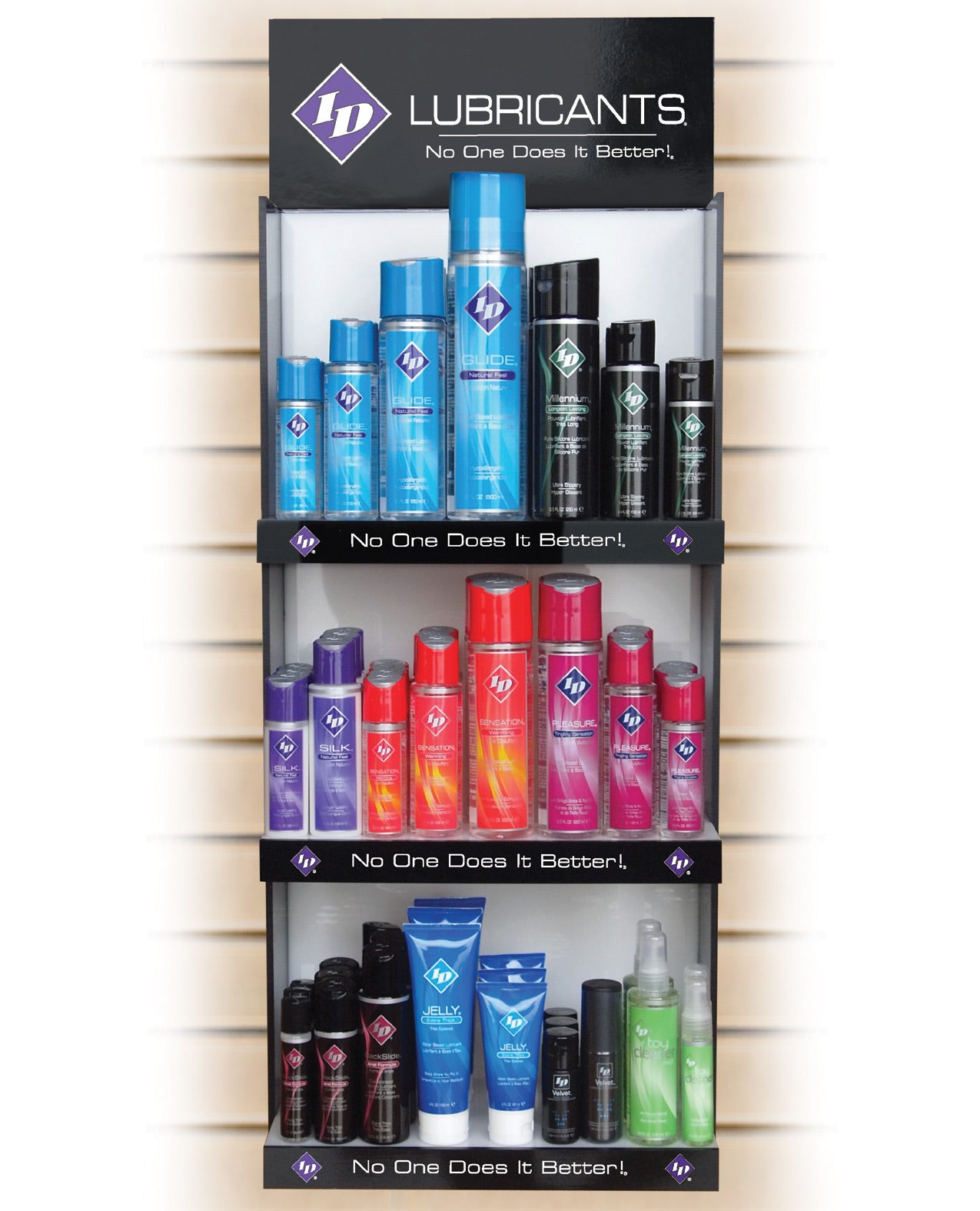 Expositor misto para frascos de cosméticos para painel canaletado de loja
