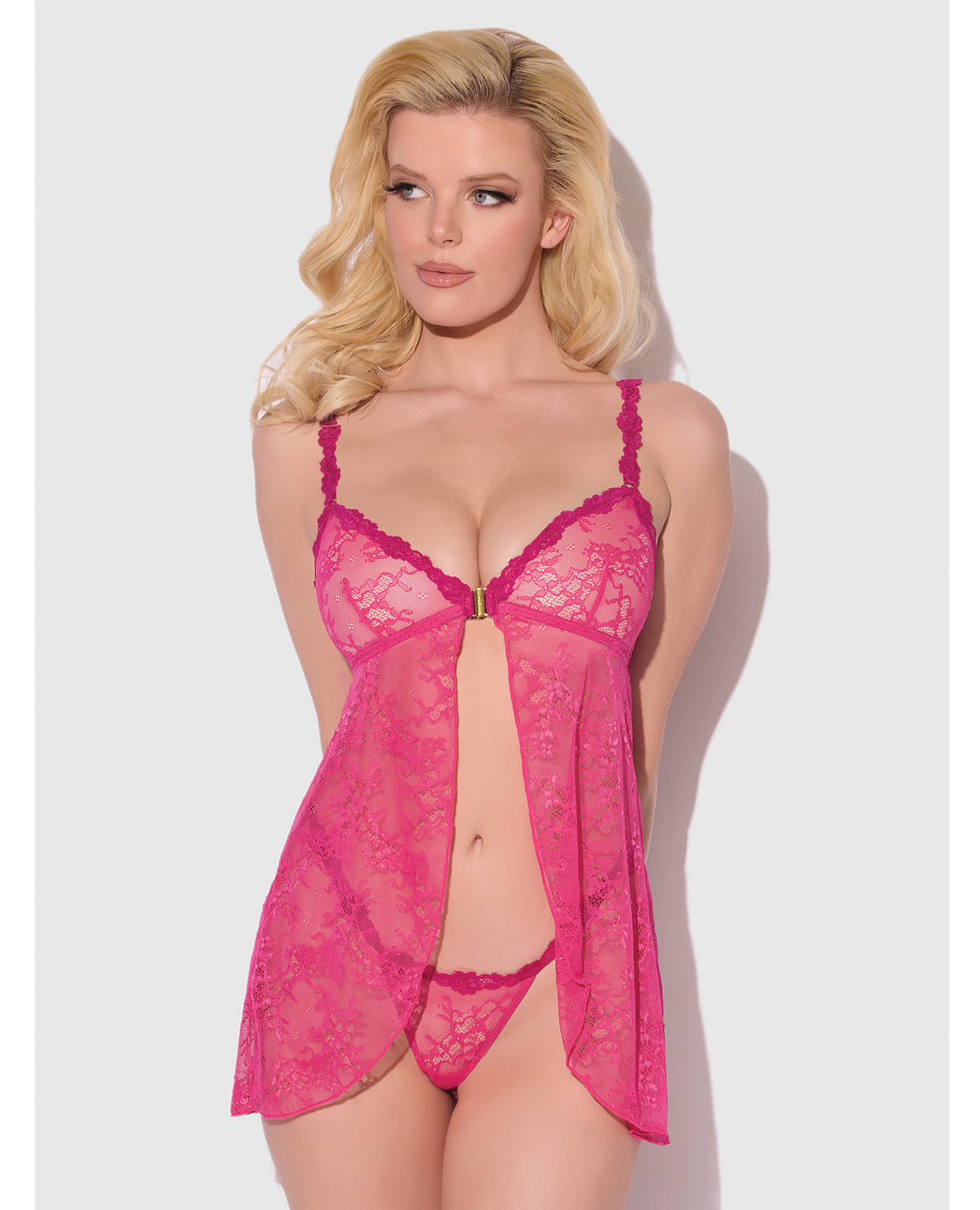 Yvone Pink Lace Openable Cup Babydoll With Nylon G String Set