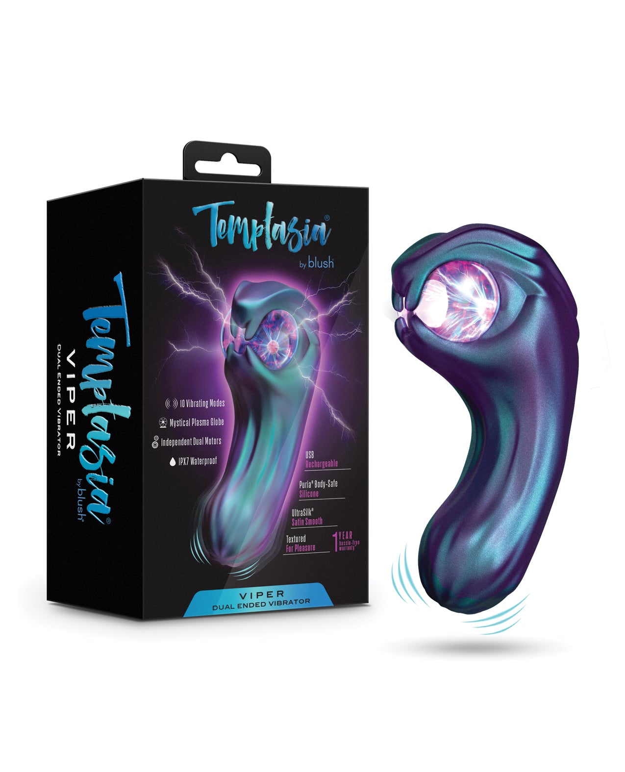 Vibrador de doble extremo Temptasia Viper de Blush con 10 modos de vibración