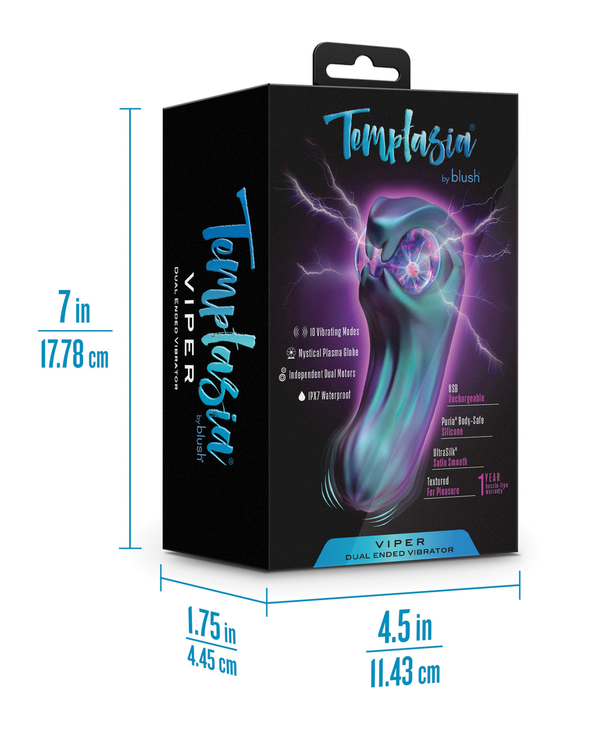Vibrador de doble extremo Temptasia Viper de Blush con 10 modos de vibración