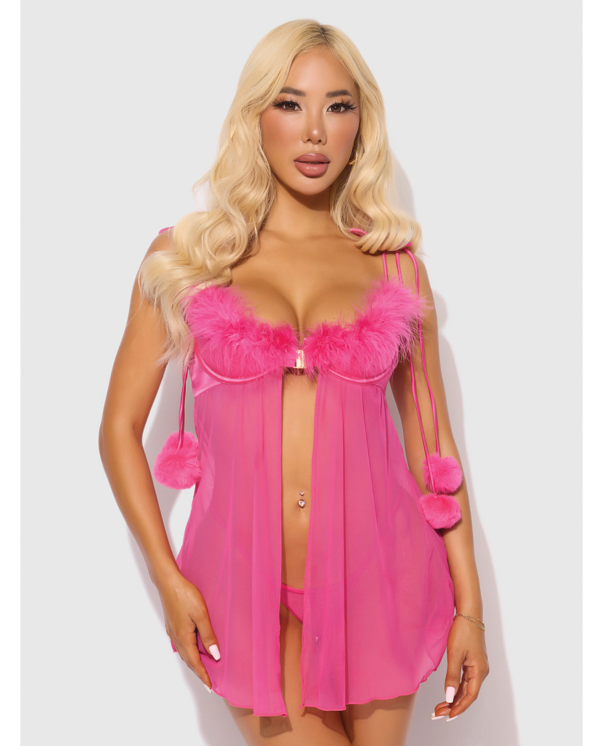 Marilyn Pink Marabou Mesh Babydoll And G String Set Plus Size