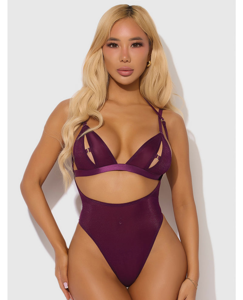 Bild in den Galerie-Viewer laden, Yasmine schimmernder Mesh-Body mit offenem Rücken und Strass-Bralette-Set, Burgunderrot, XL
