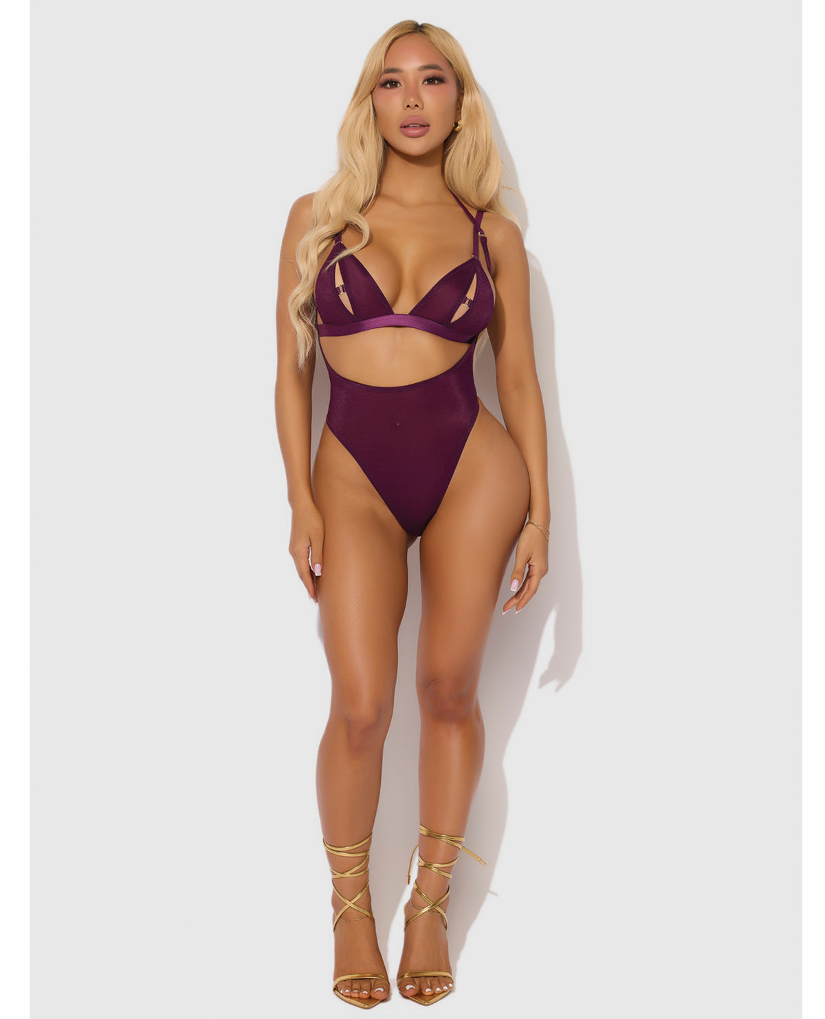 Yasmine schimmernder Mesh-Body mit offenem Rücken und Strass-Bralette-Set, Burgunderrot, XL