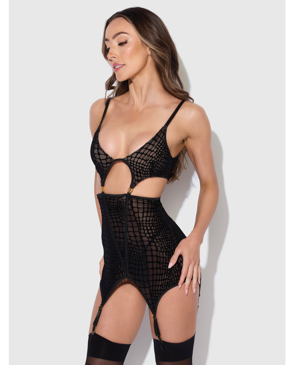 Sexy Snake Velvet Burnout Mesh Chemise Open Back G String Set Black