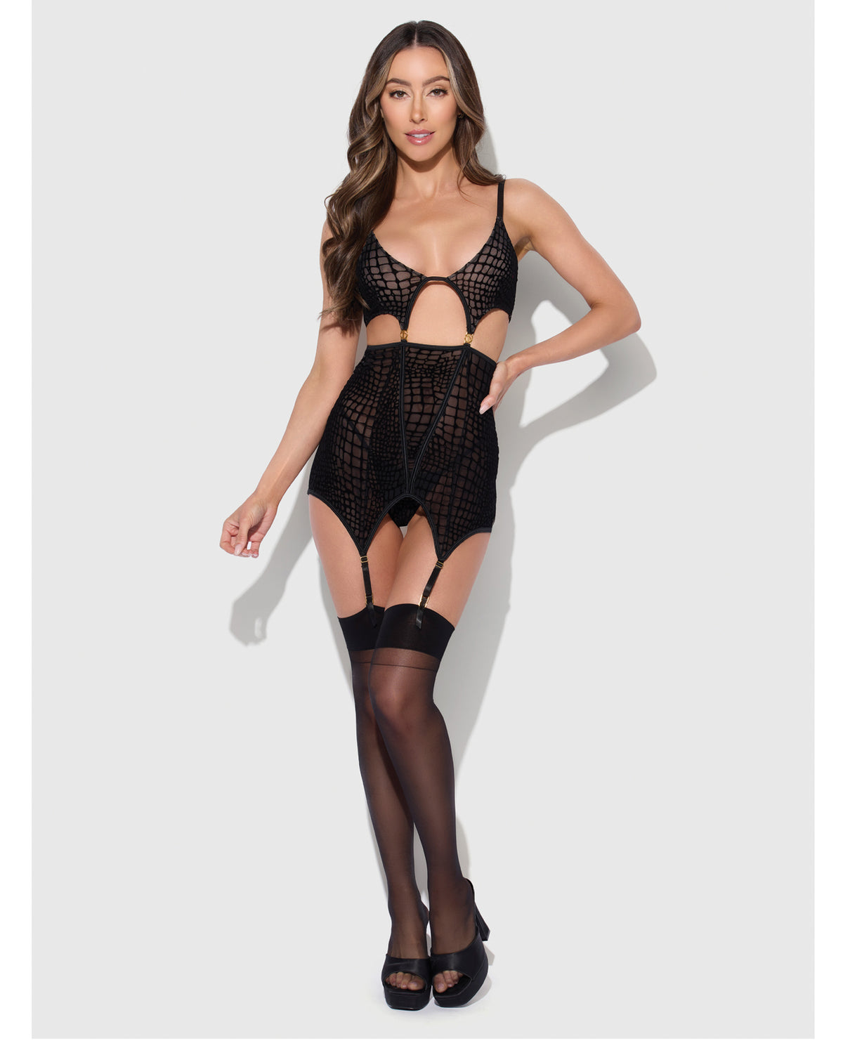 Sexy Snake Velvet Burnout Mesh Chemise Open Back G String Set Black