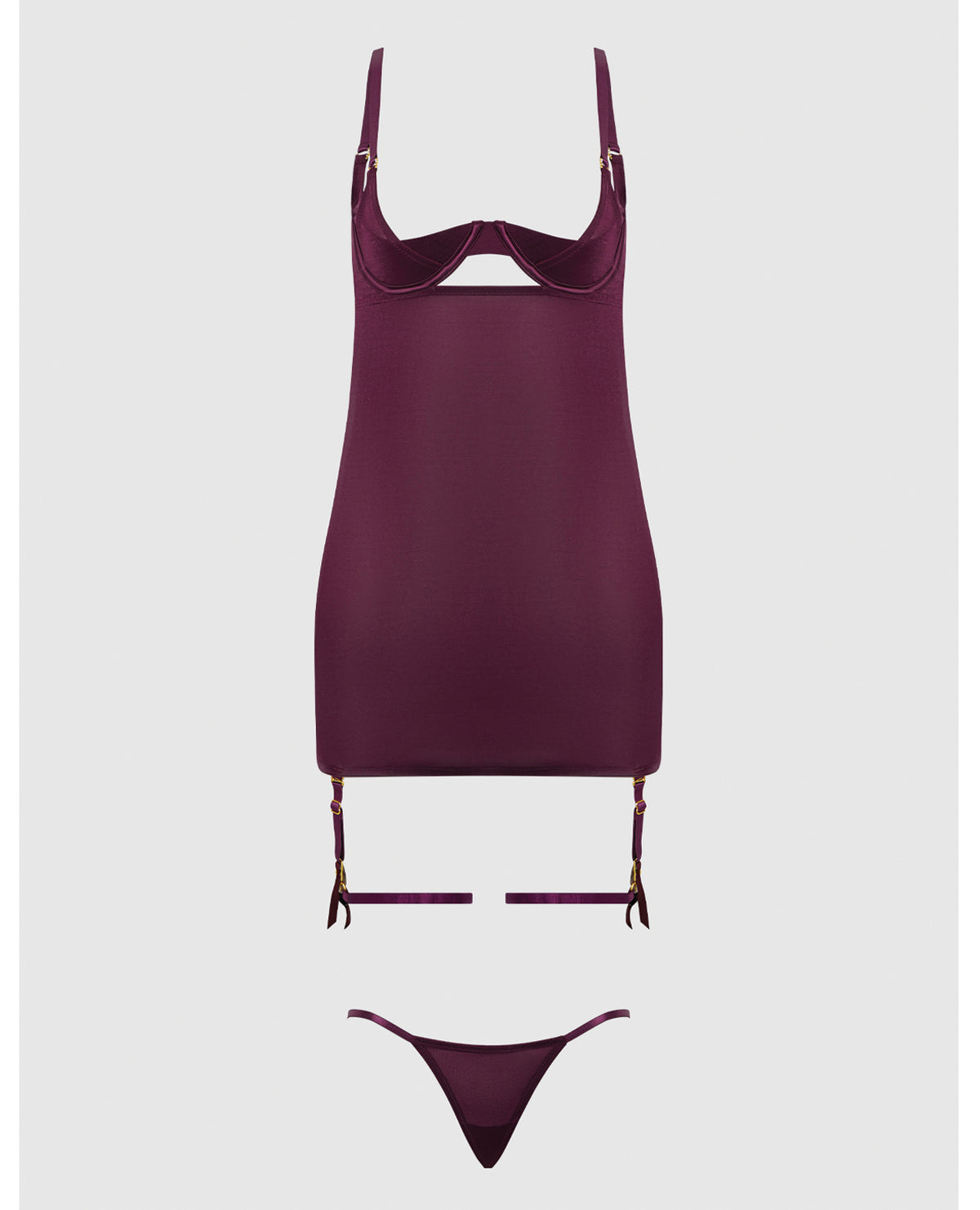 Yasmine Shimmer Mesh Thigh Garter Chemise And G String Burgundy