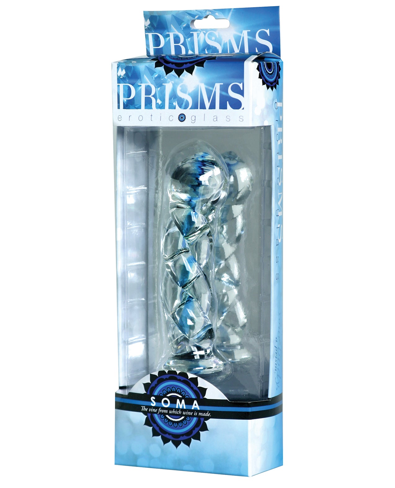 Dildo in vetro ritorto Prisms Soma con vortice blu indaco trasparente