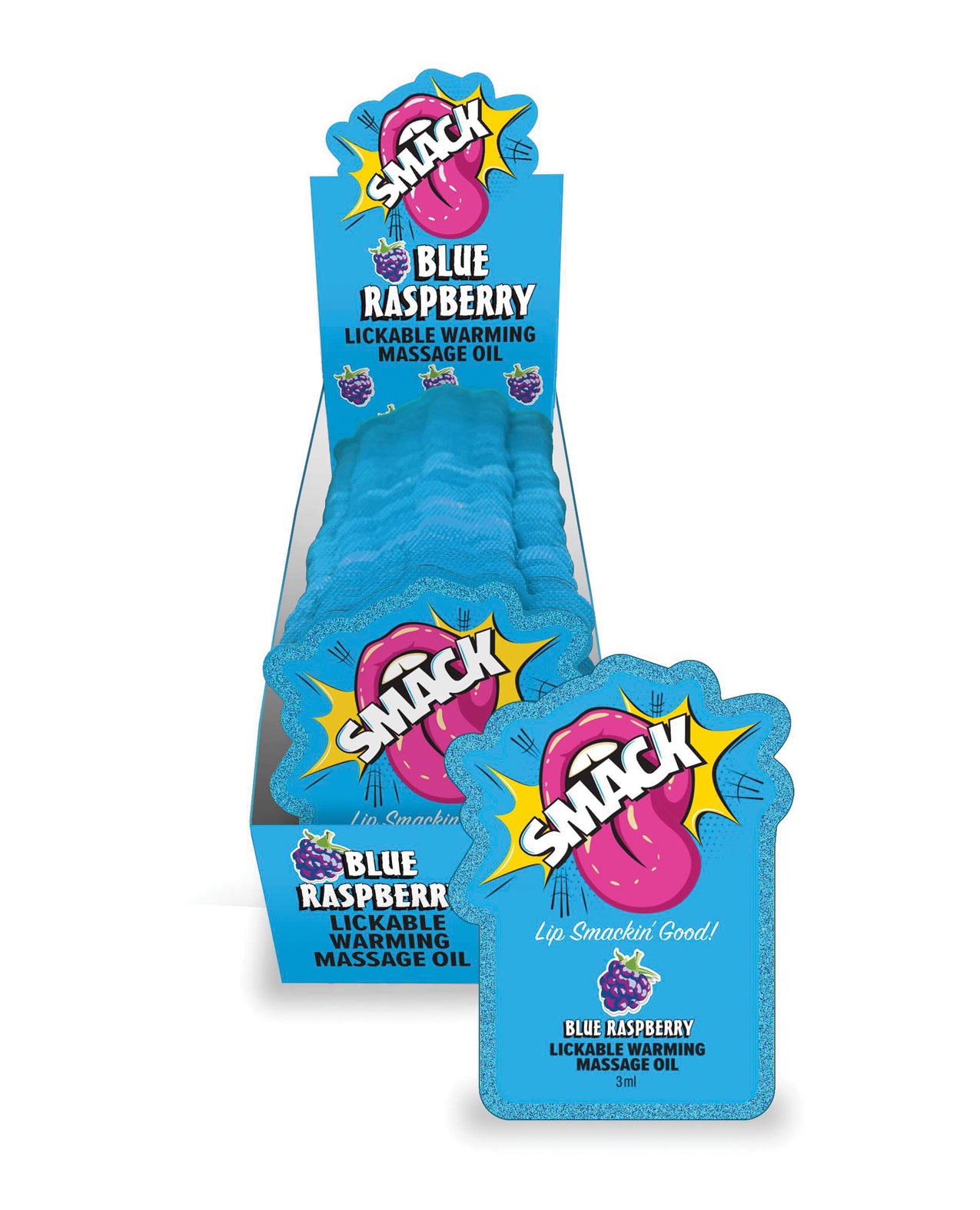 Smack Lickable rozgrzewający olejek do masażu o smaku niebieskiej maliny, saszetka 3 ml, ekspozytor z 36 sztukami