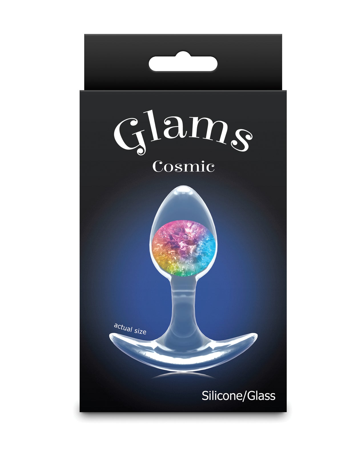 Cosmic Glams -merkkinen pieni nestemäisestä silikonista valmistettu anaalitappi, jossa on kimalteleva sateenkaaren värinen lasikuula