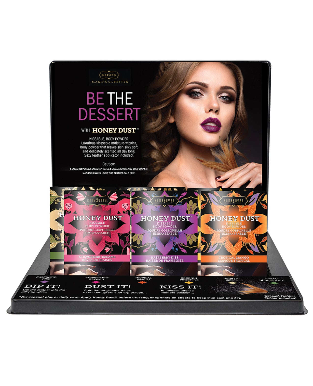 Présentoir de vente Kama Sutra Honey Dust 1 Oz, six saveurs, douze unités