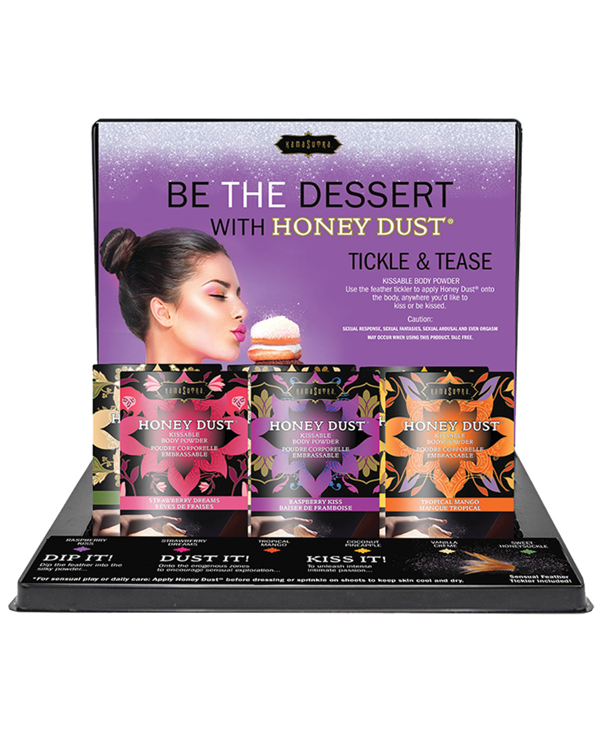 Présentoir de vente Kama Sutra Honey Dust 1 Oz, six saveurs, douze unités