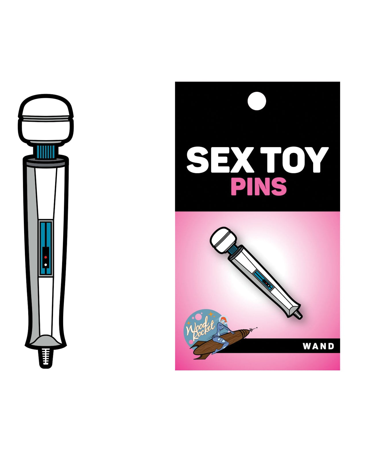 Wood Rocket sexlegetøjsstav med massagefunktion og emaljeret reversnål - hvid