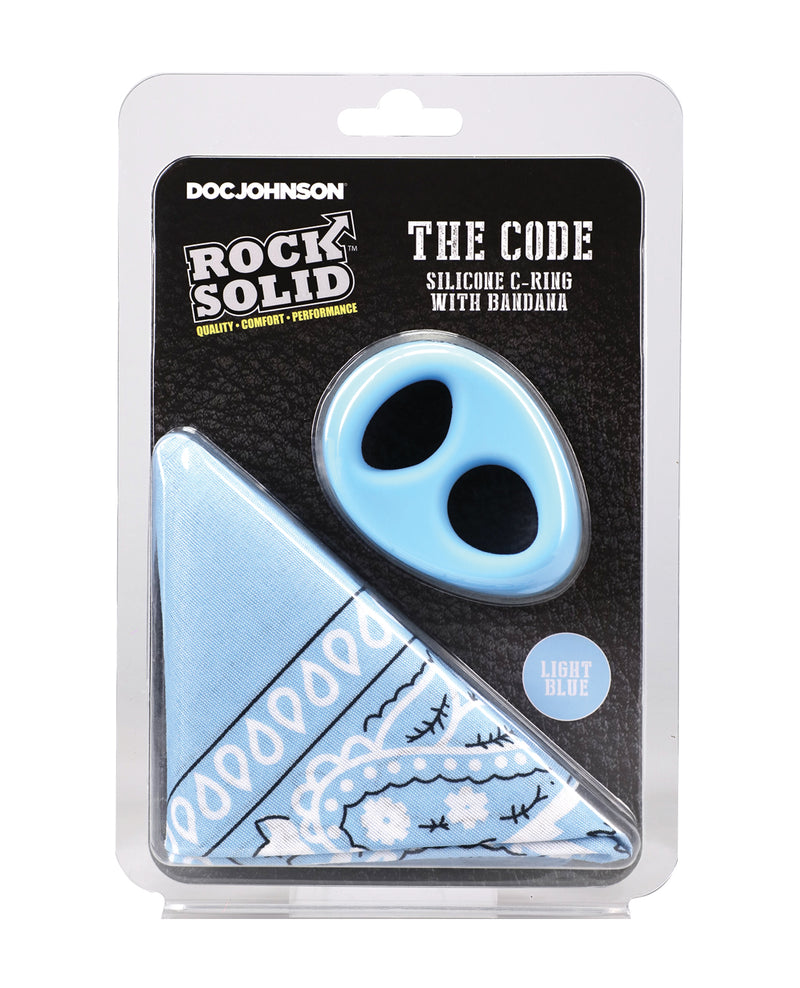 Cargue la imagen en el visor de la galería, Anillo para el pene de silicona Rock Solid The Code con bandana cuadrada, azul claro y negra
