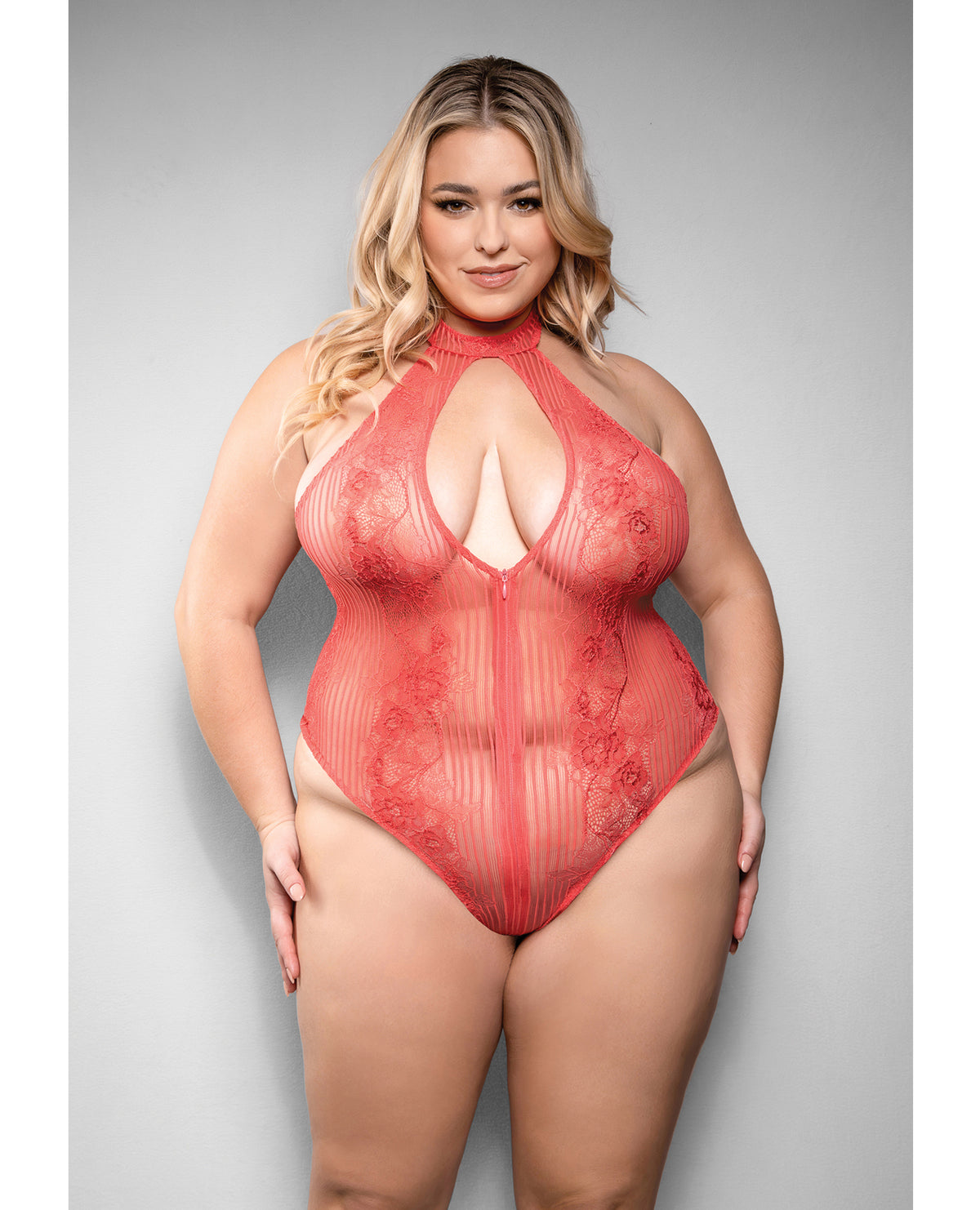 Temptress Calliope Striped Sheer Floral Lace Zippered Teddy Coral Plus Size