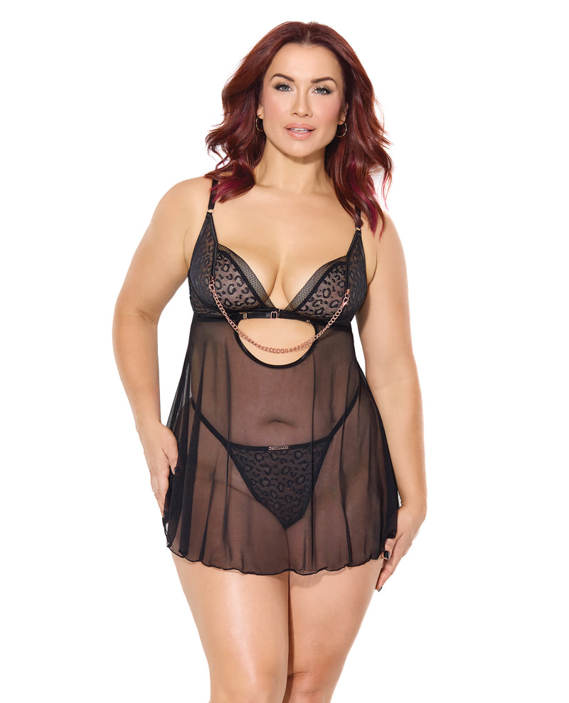 Încărcați imaginea în vizualizatorul Galerie, Set Feline Fatale babydoll și chilot tanga din plasă neagră cu imprimeu leopard
