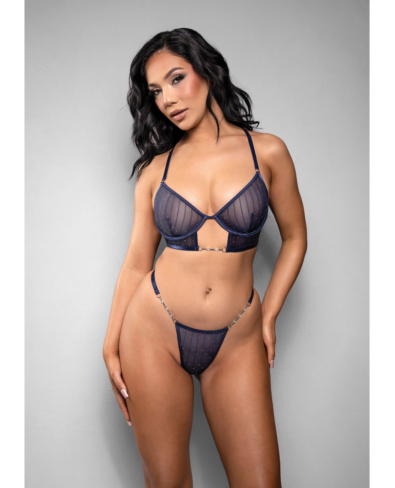 Set Temptress Celeste cu sutien bleumarin din plasă transparentă cu dungi și strasuri și chiloți tanga G-string, mărimea Large