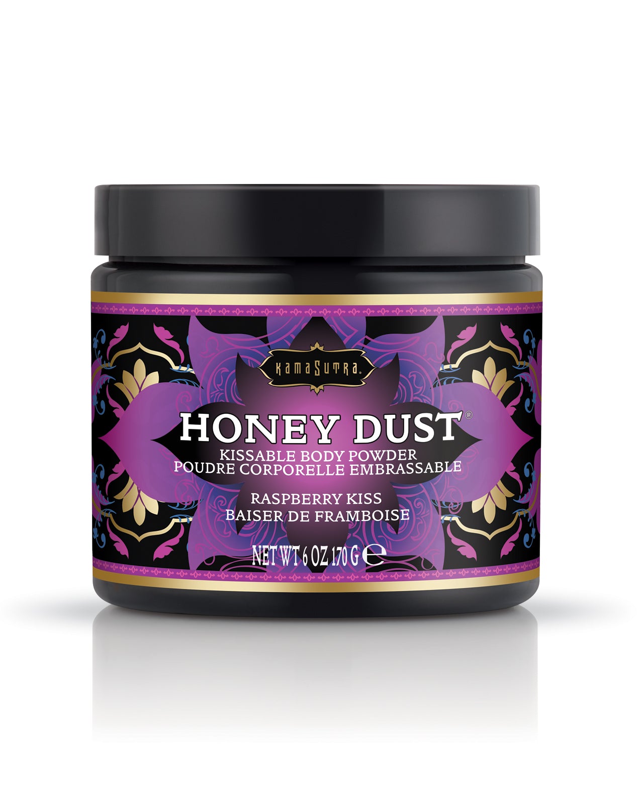 Poudre pour le corps Kama Sutra Honey Dust au baiser de framboise, 6 oz, avec plumeau