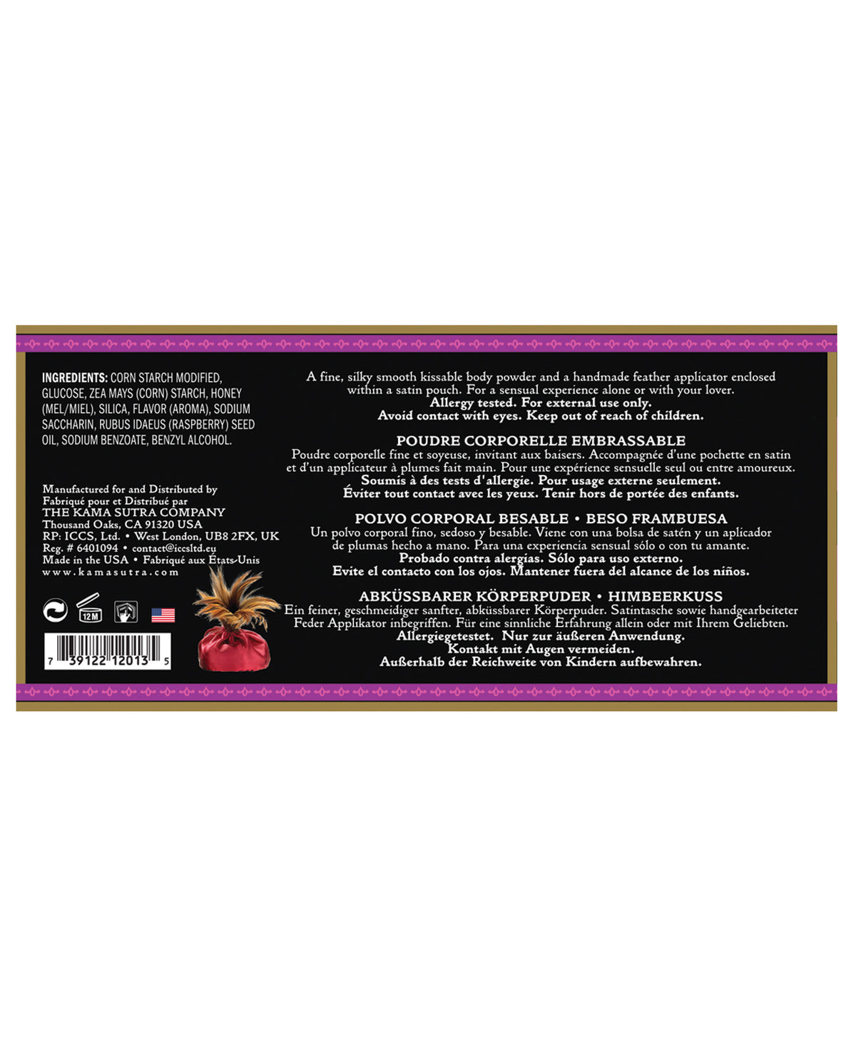 Poudre pour le corps Kama Sutra Honey Dust au baiser de framboise, 6 oz, avec plumeau