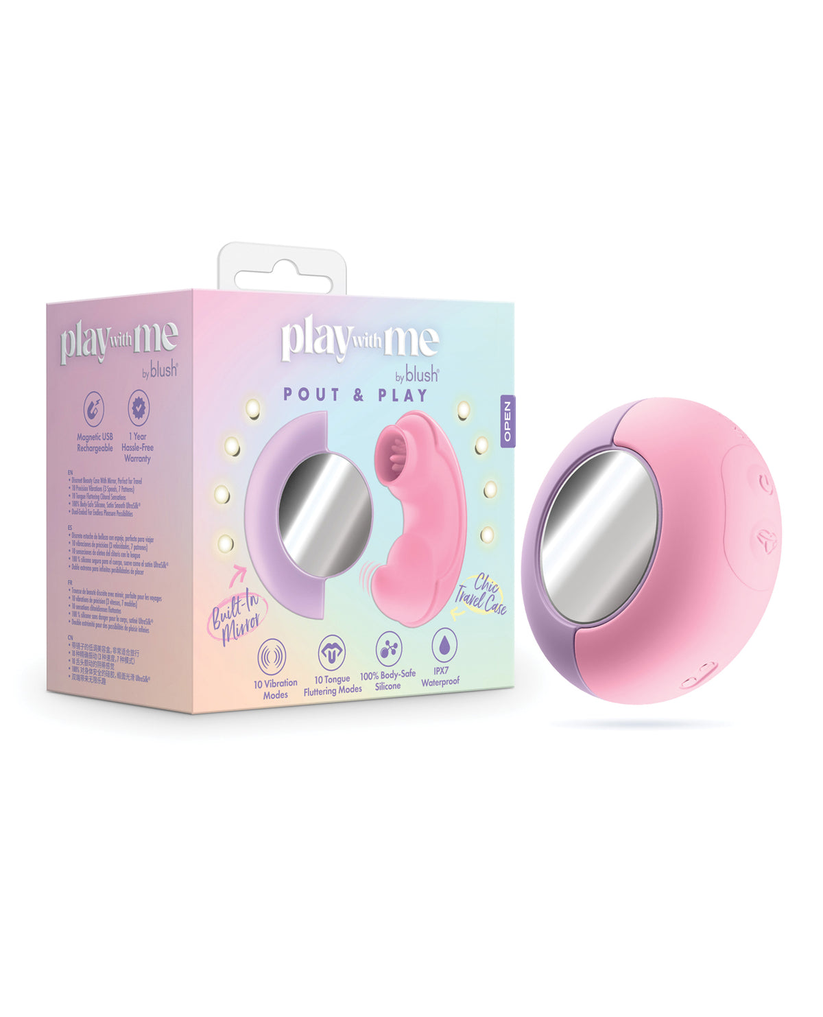 Vibrador de doble extremo Blush Play With Me Pout con espejo en estuche de belleza rosa