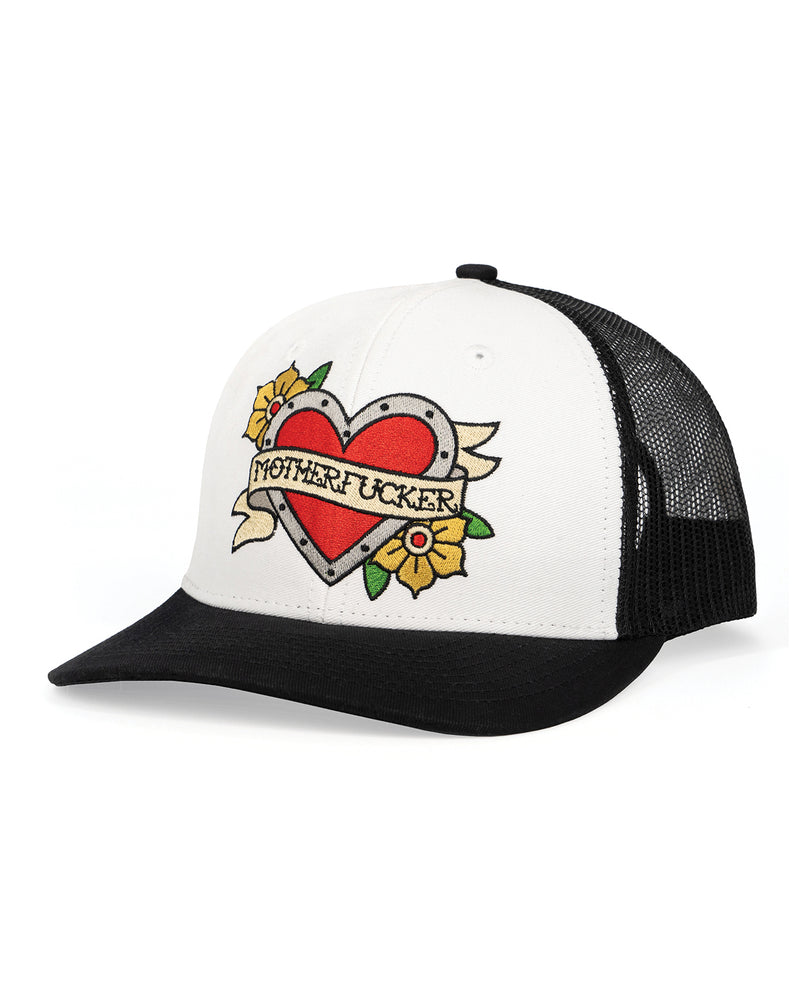 Lataa kuva gallerian katseluohjelmaan, Wood Rocket Tattoo Heart Motherfucker -säädettävä trucker-lippis, musta-valkoinen

