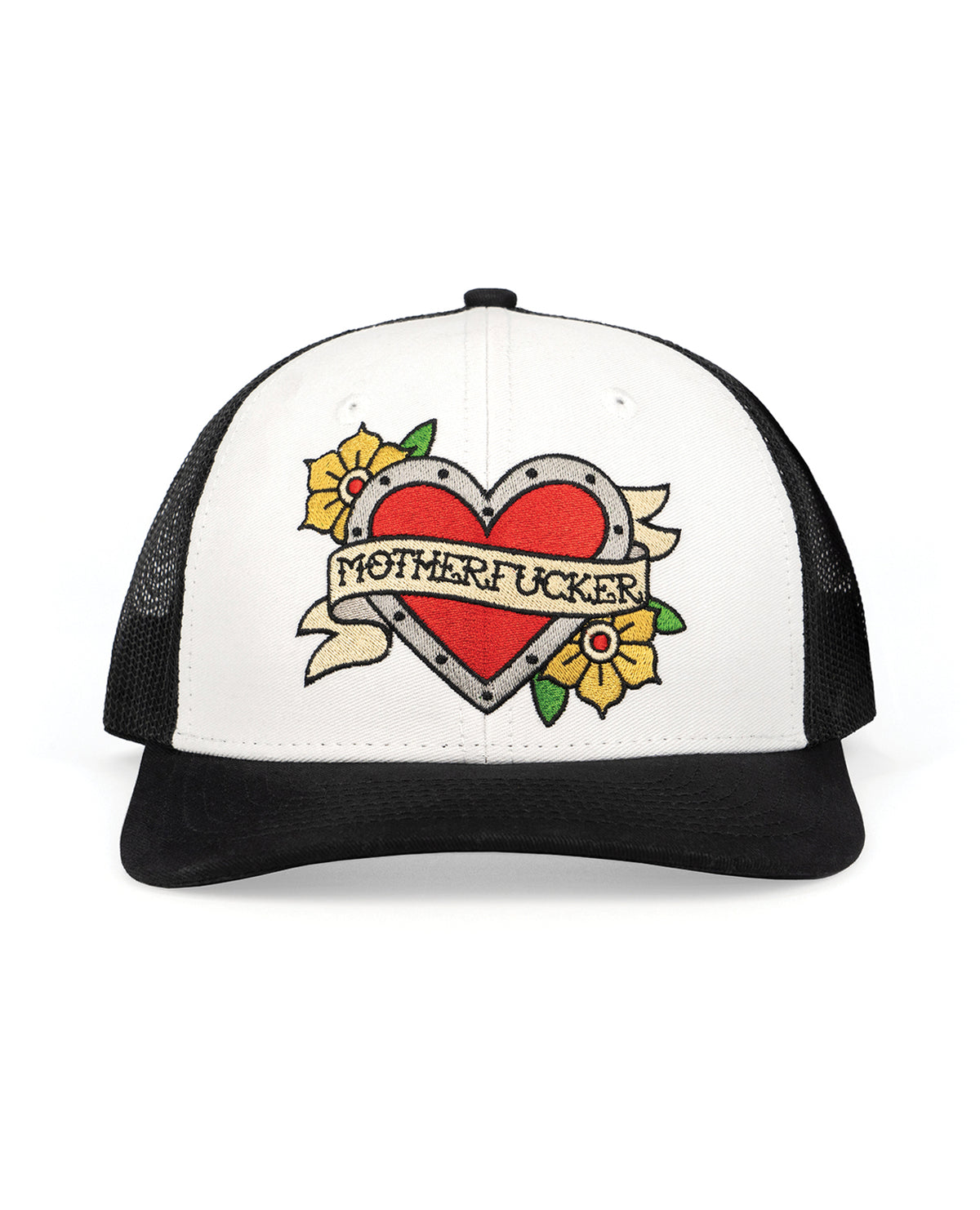 Wood Rocket Tattoo Heart Motherfucker -säädettävä trucker-lippis, musta-valkoinen