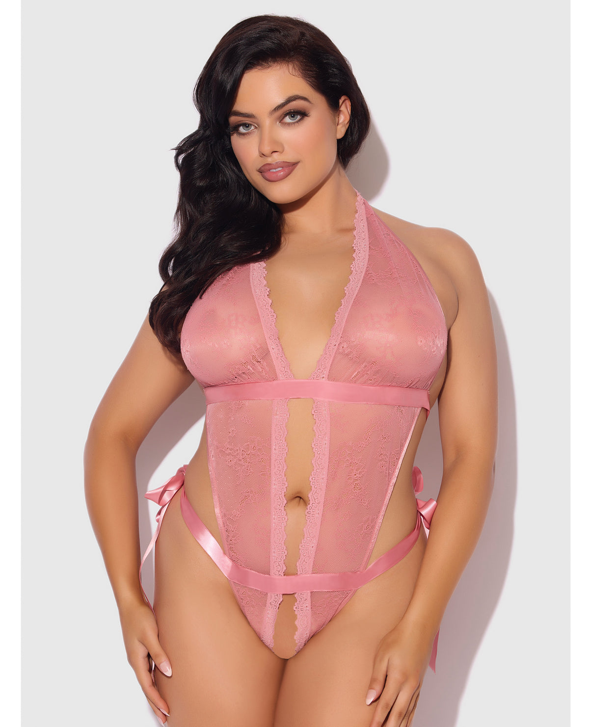 Kiki Satin Lace Drop Off Teddy Rose Plus Size Deep Plunge Intimates