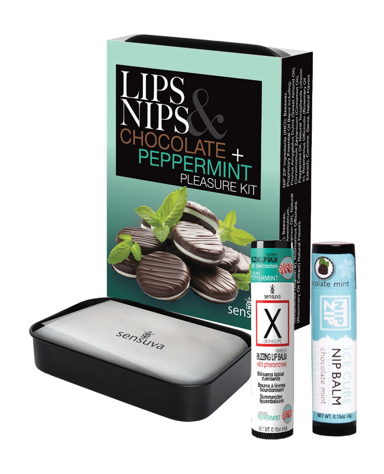 Kit de placer Sensuva Lips And Nips con bálsamo de chocolate y menta y guía