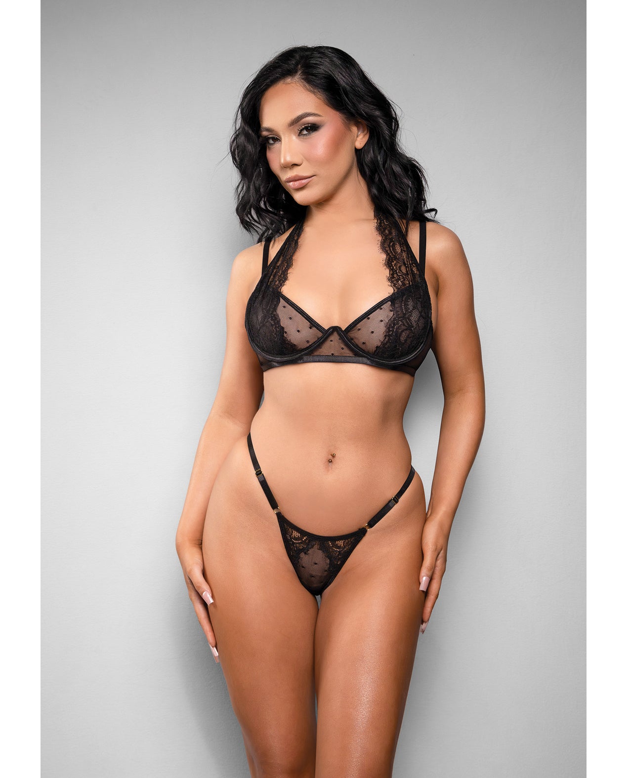 Conjunto feminino de sutiã e calcinha de renda e mesh com poá Swiss Dot Temptress Vivienne, preto, duas peças
