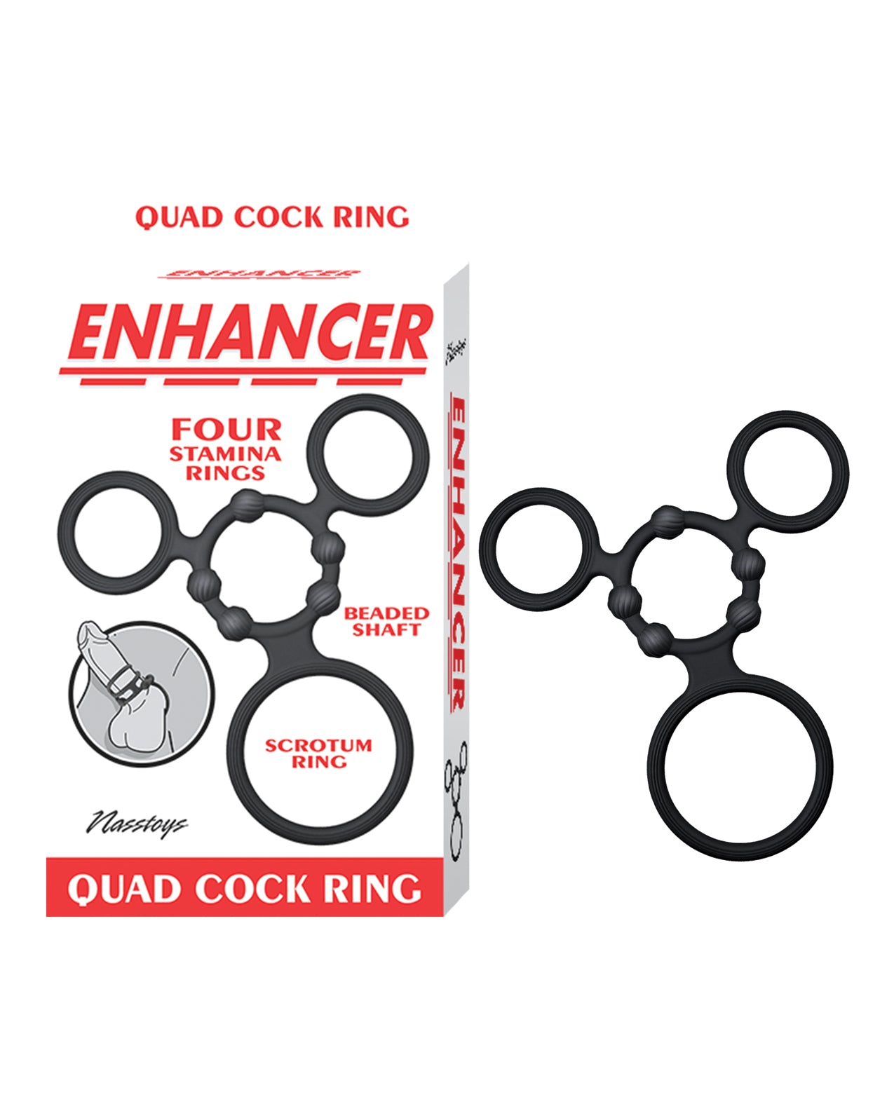 Set de anillos para el pene cuádruples Nasstoys, negros, reutilizables y texturizados, para mejorar la erección