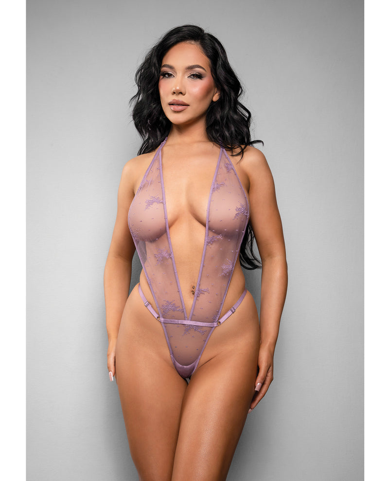 Carregar imagem no visualizador da Galeria, Body teddy Temptress Gisele de tule floral transparente, com costas abertas, lavanda, grande
