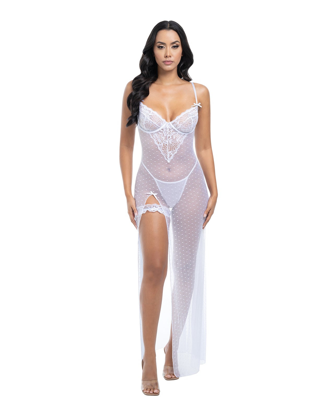 Livia Dot Mesh Lace Underwire Gown And Garter Two Piece White Small Medium