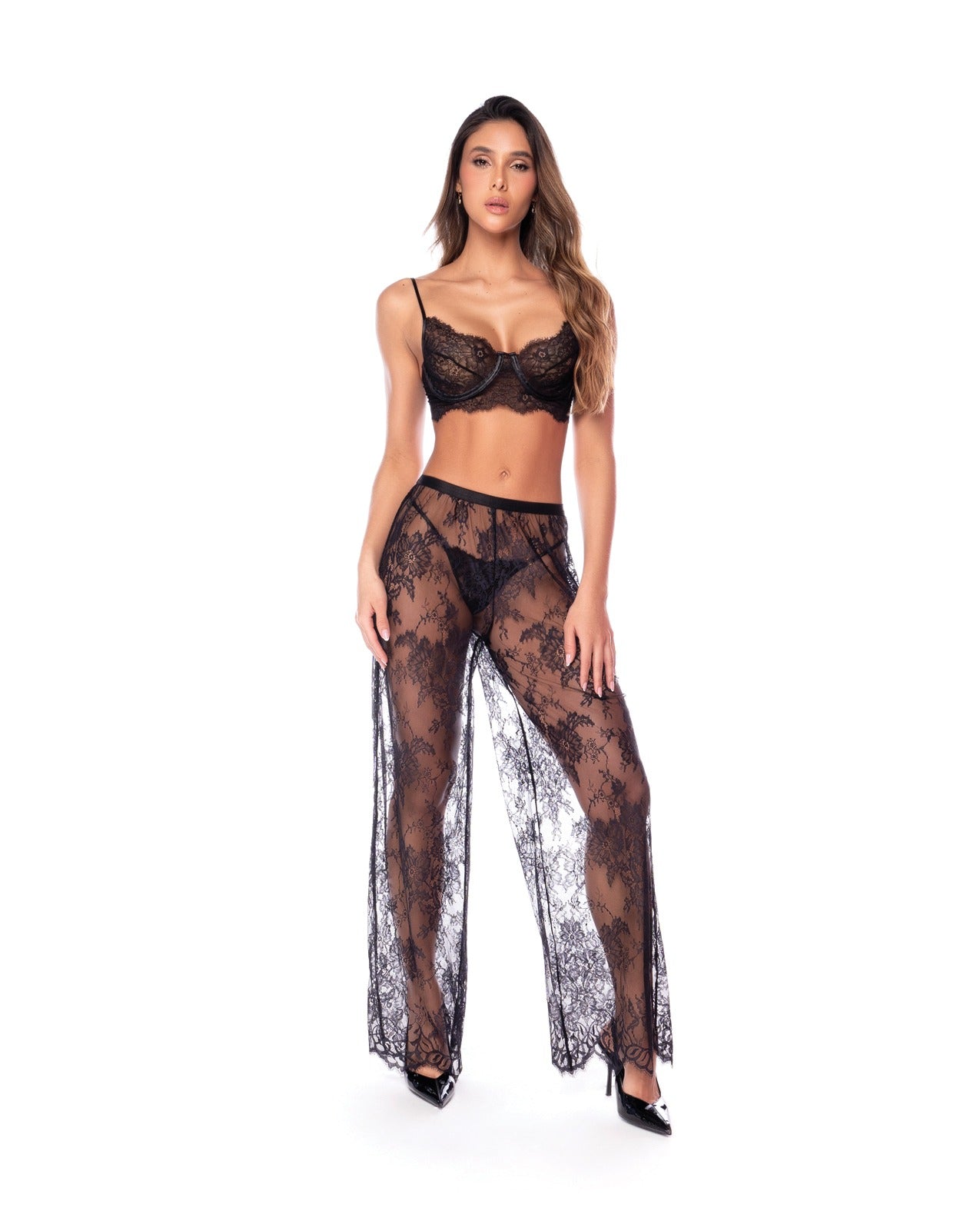 Driedelige exotische zwarte lingerieset voor vrouwen met kanten bh met beugel en slipje
