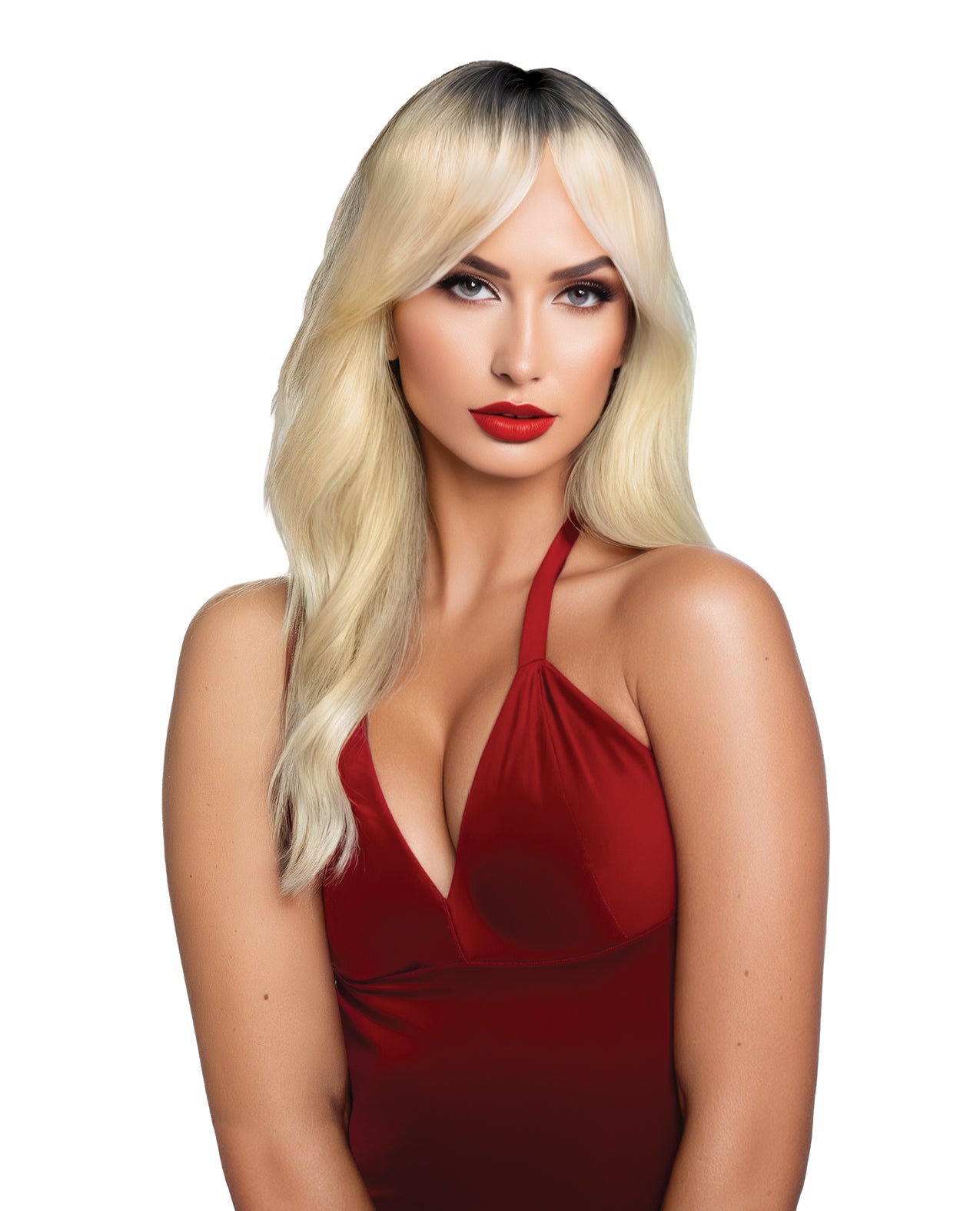 Peluca Pleasure Wigs Margot rubio platino con raíces negras y flequillo cortina