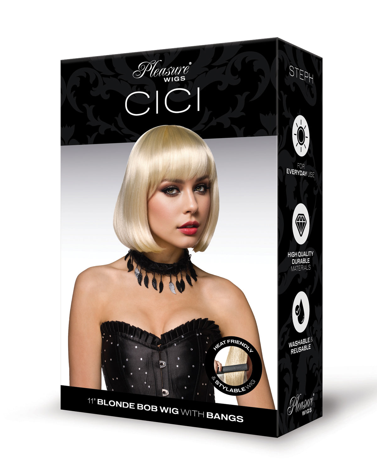 Pleasure Wigs Cici プラチナブロンドの合成ボブウィッグ 前髪付き