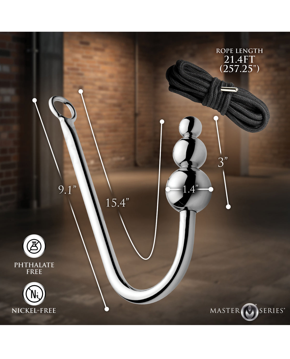 Gancho anal de acero con cuentas Master Series para juegos de bondage con cuerda