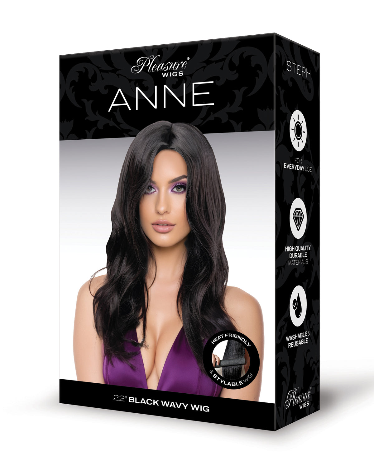Peluca negra Anne de Pleasure Wigs, elegante, suelta y glamurosa para todos los días