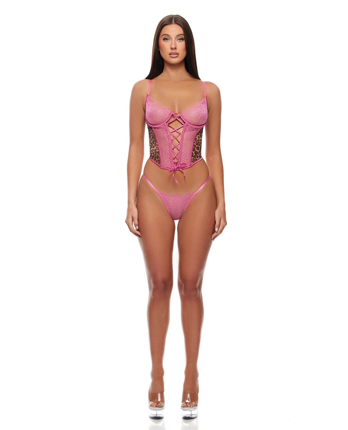 Womens Animal Instincts Pink Leopard Mesh Bustier Panty Set Xl