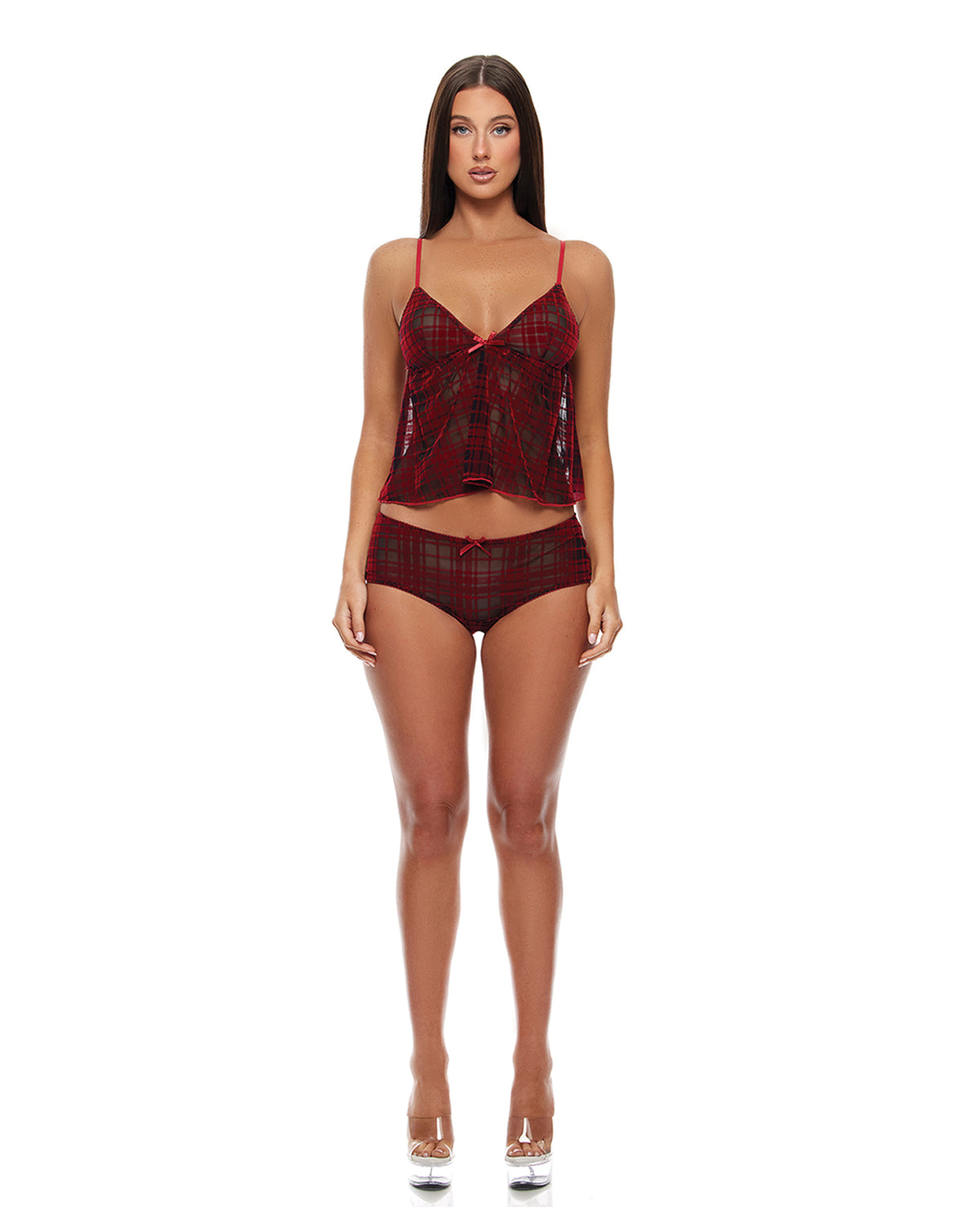 Women Plaid Burnout Velvet Mesh Babydoll Cami Boyshorts Set