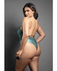 Cargue la imagen en el visor de la galería, Body teddy Domina verde de encaje, cuello halter, con cremallera, cadena desmontable y correa, talla queen
