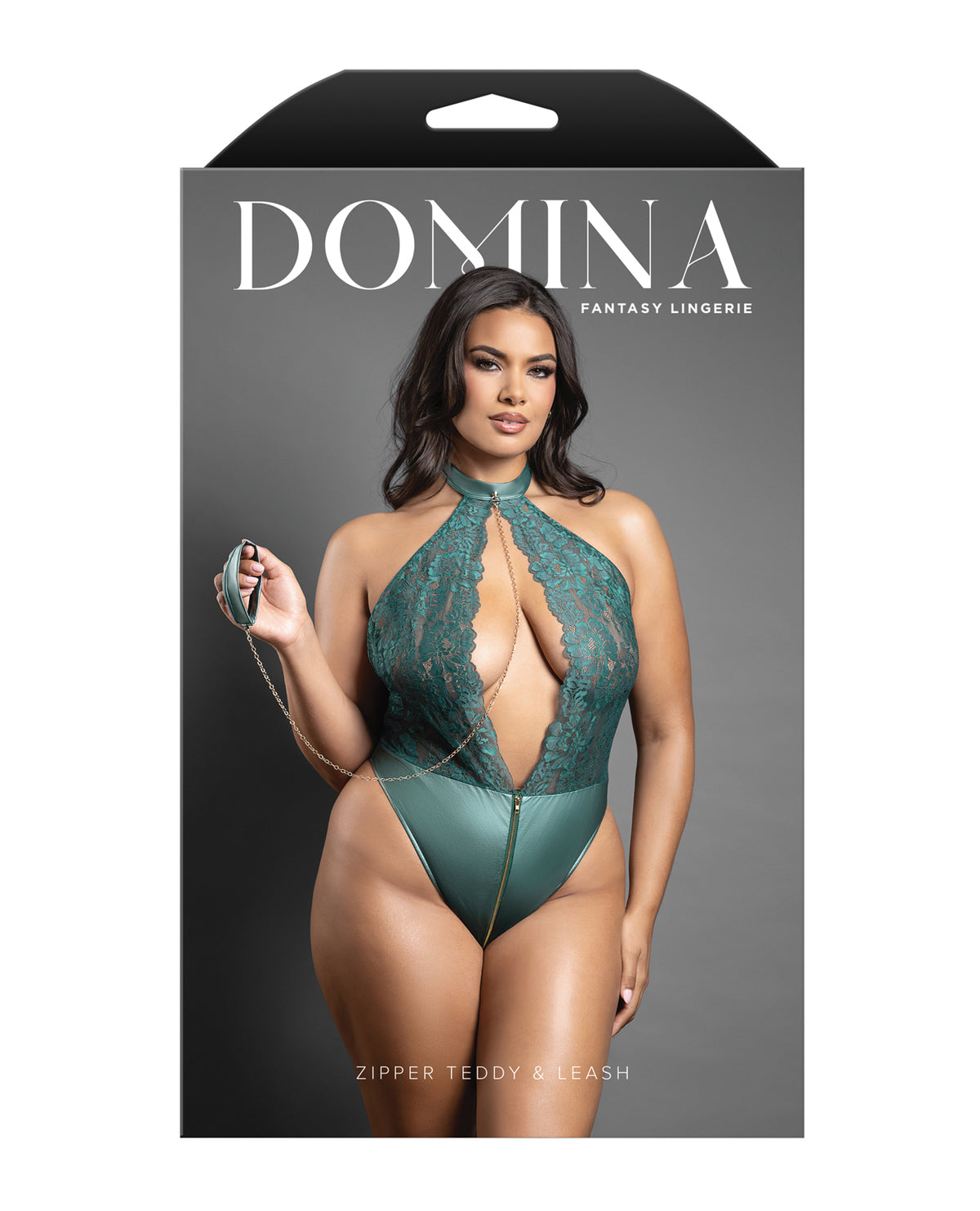Body teddy Domina verde de encaje, cuello halter, con cremallera, cadena desmontable y correa, talla queen