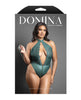 Cargue la imagen en el visor de la galería, Body teddy Domina verde de encaje, cuello halter, con cremallera, cadena desmontable y correa, talla queen
