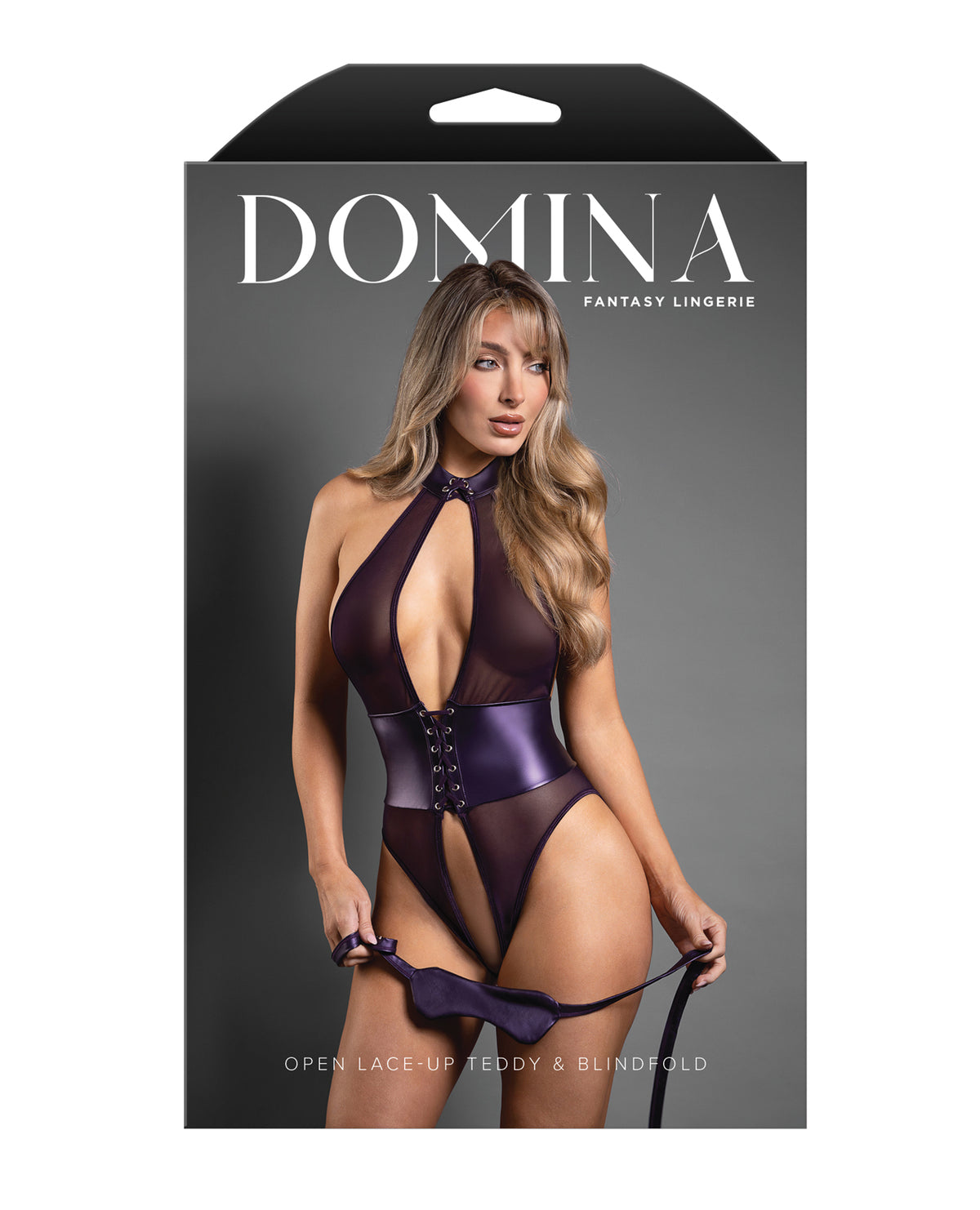 Domina Purple Mesh And Leatherette Open Halter Teddy With Blindfold LXL