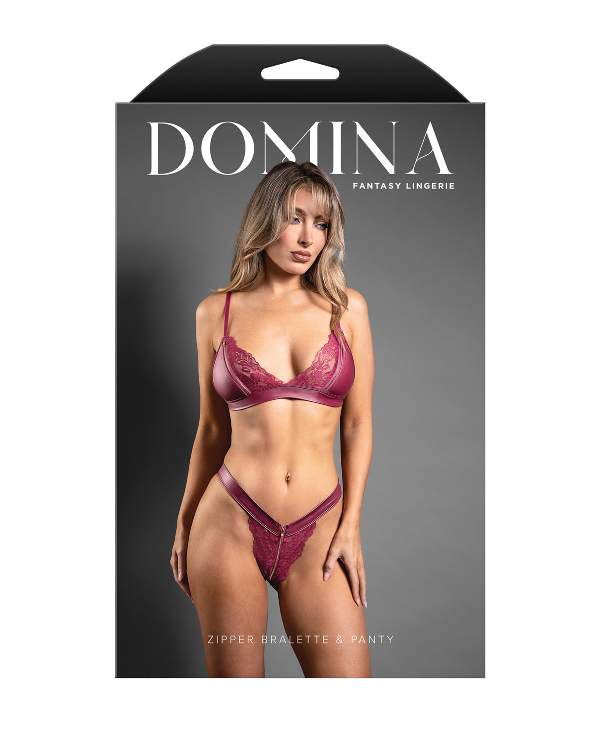 Beerenfarbenes Bralette- und Panty-Set aus Nylon-Spandex mit Spitze und Reißverschluss