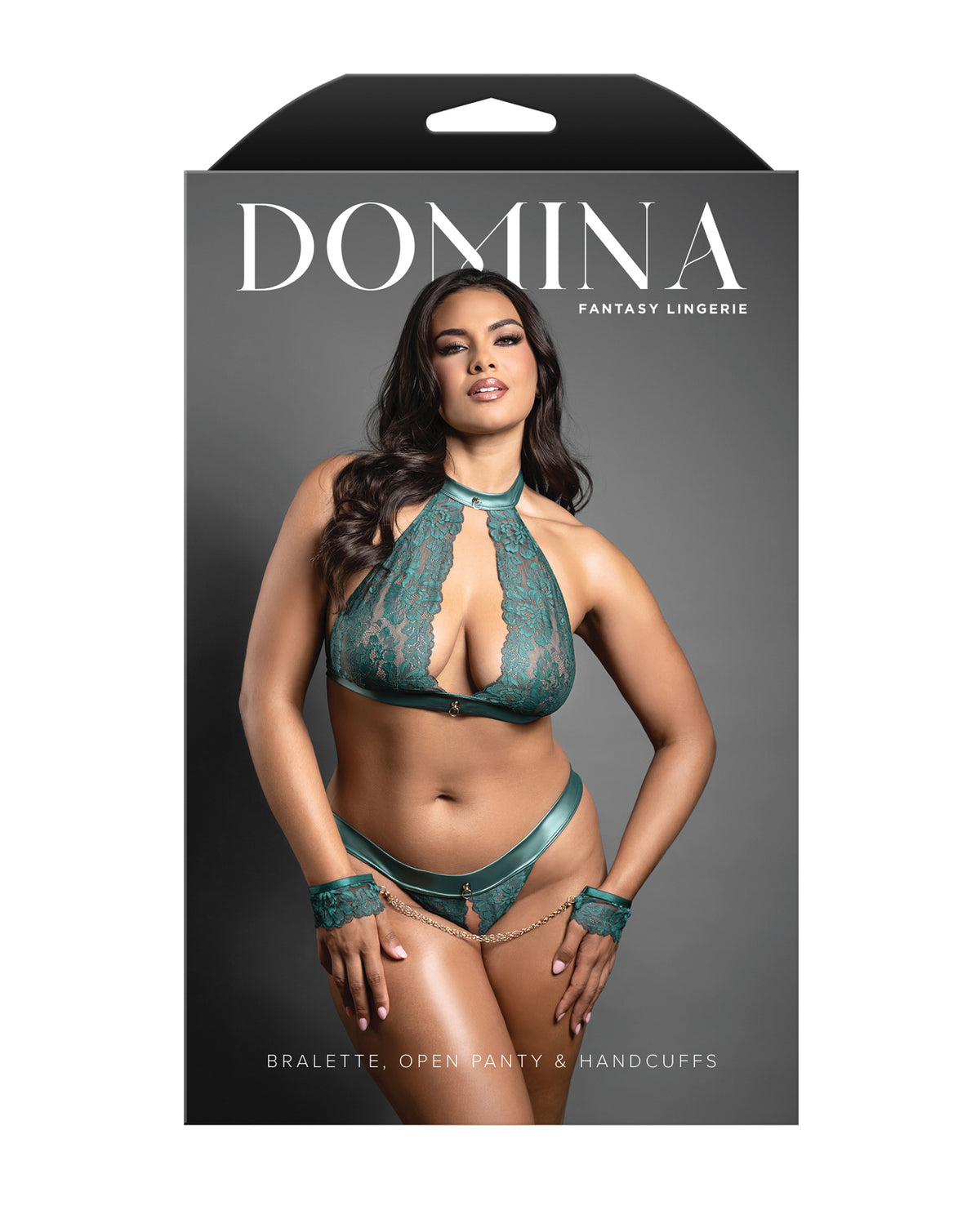 Bralette de encaje verde y braguita abierta con esposas de cadena desmontables