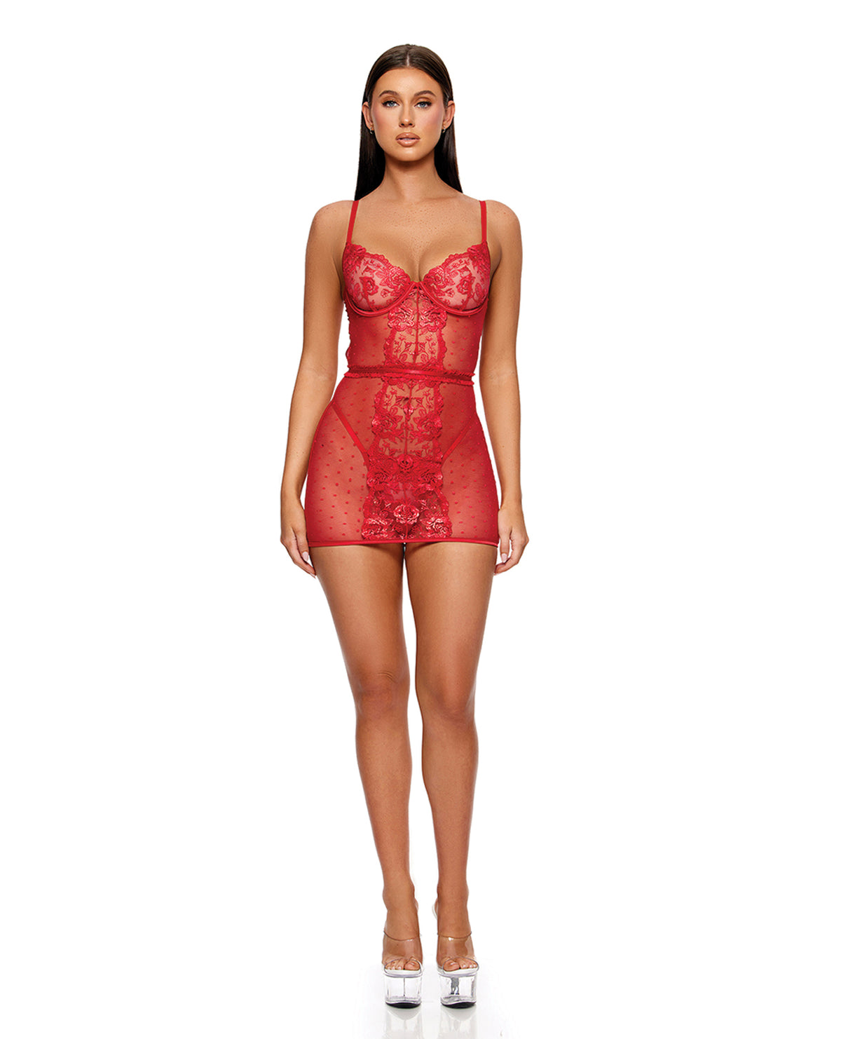 La Vie En Rose Metallic Rose Lace Chemise Panty And Belt 3 Pc Set Red Large