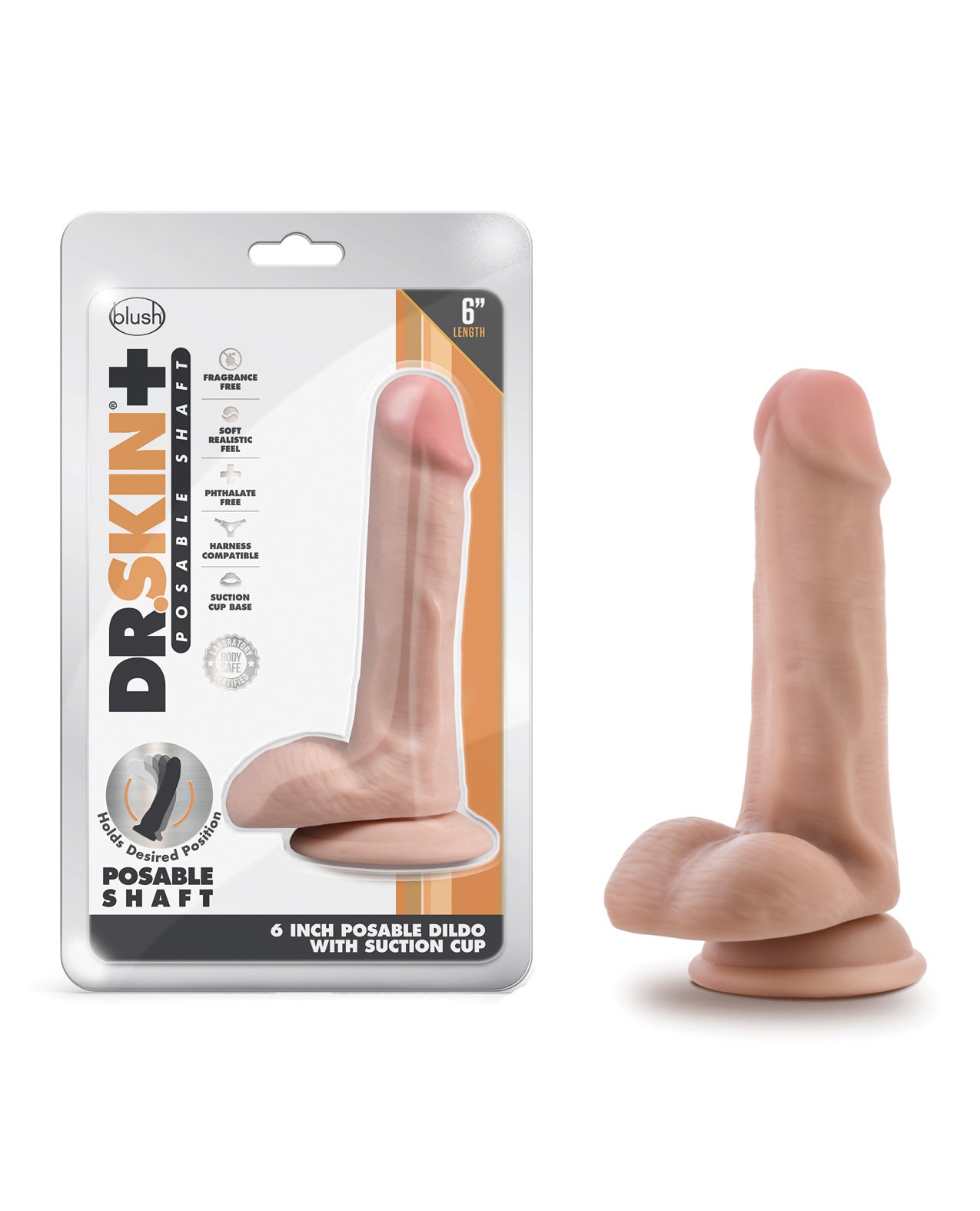 Dildo realist Dr Skin Plus Blush, flexibil, cu testicule, 6 inch, vanilie