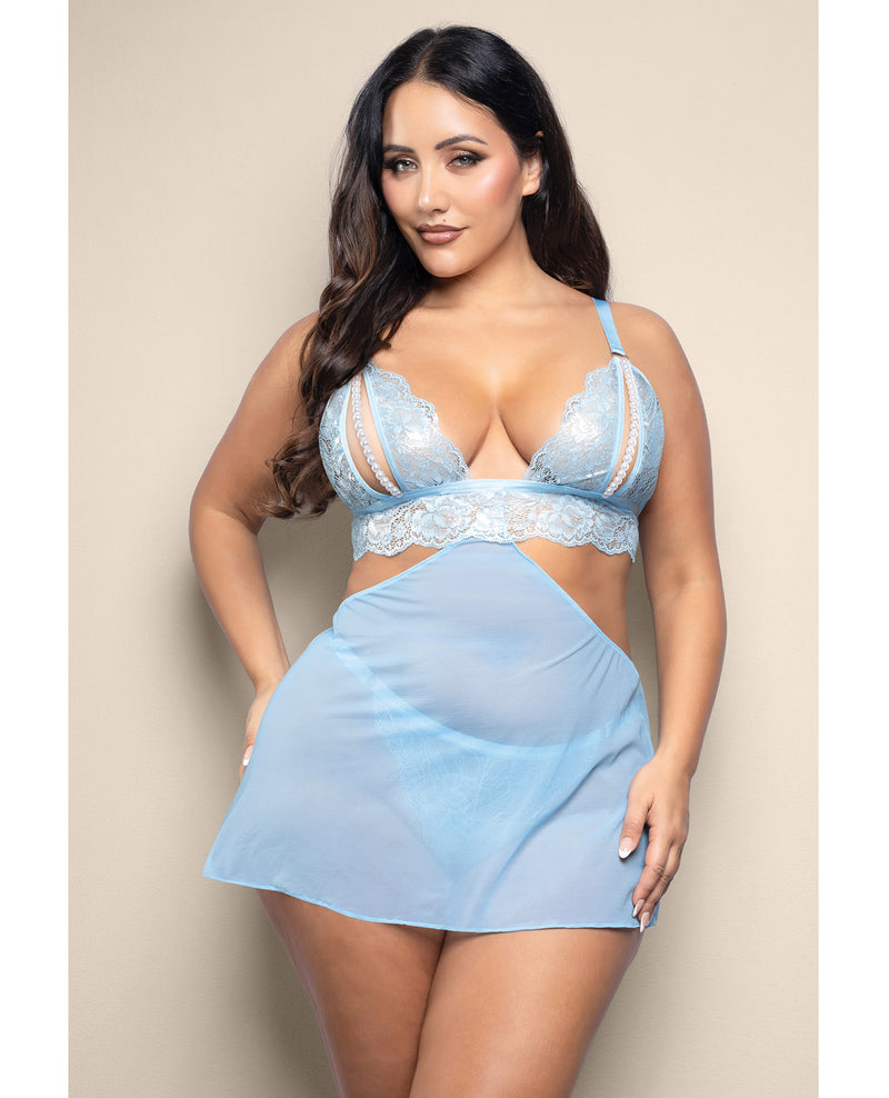 Carregar imagem no visualizador da Galeria, Conjunto 2 em 1 premium com bralette de renda metálica e detalhes de pérolas, azul-claro
