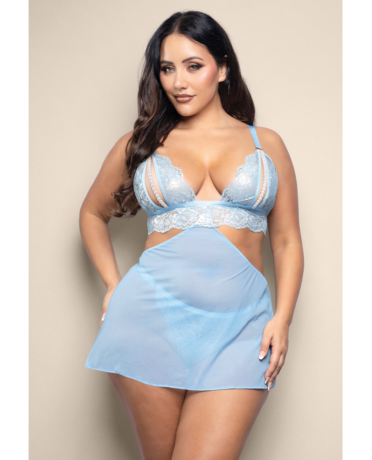 Conjunto 2 em 1 premium com bralette de renda metálica e detalhes de pérolas, azul-claro